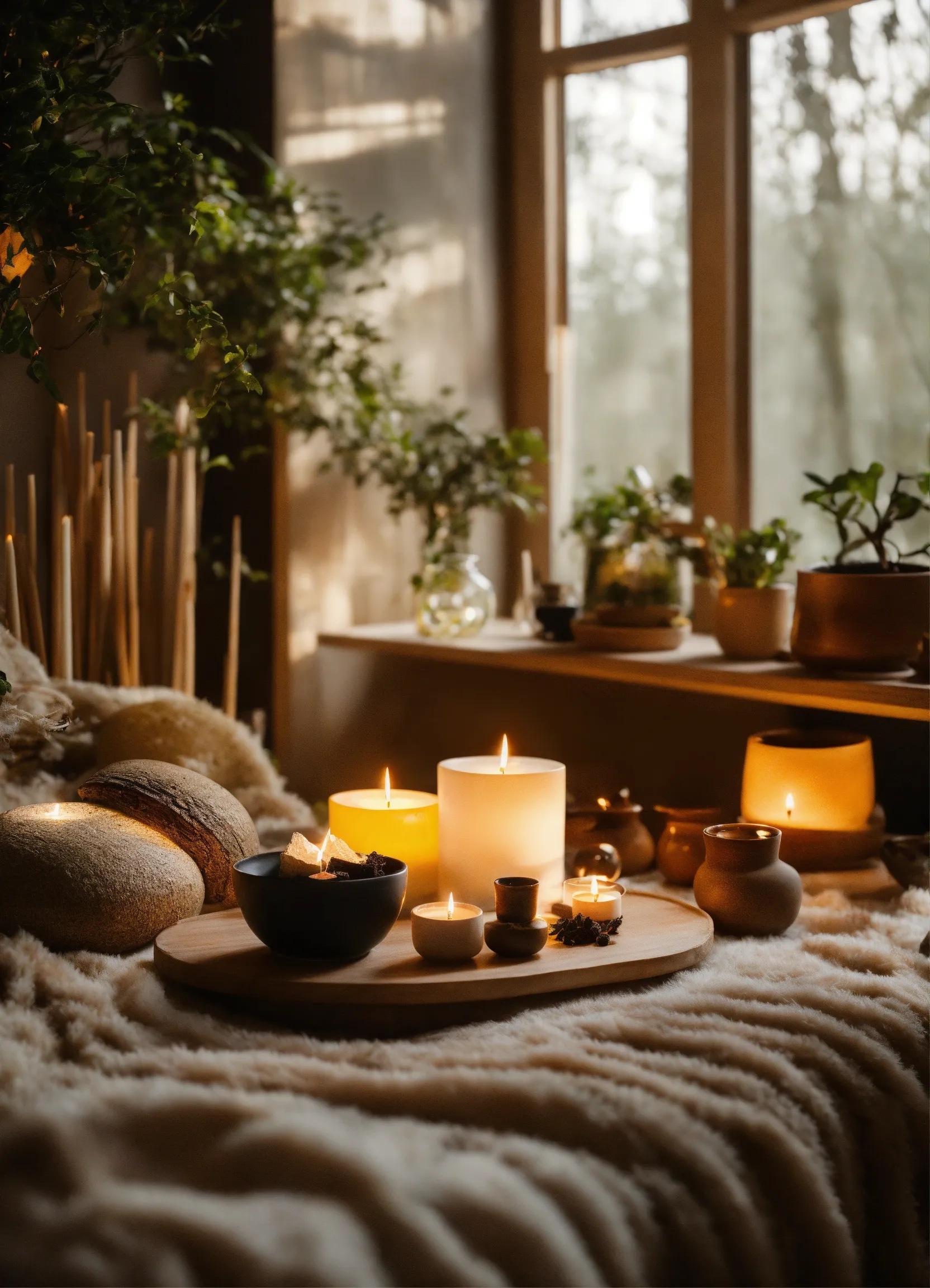 Corner meditation space with floor cushion and small shelf