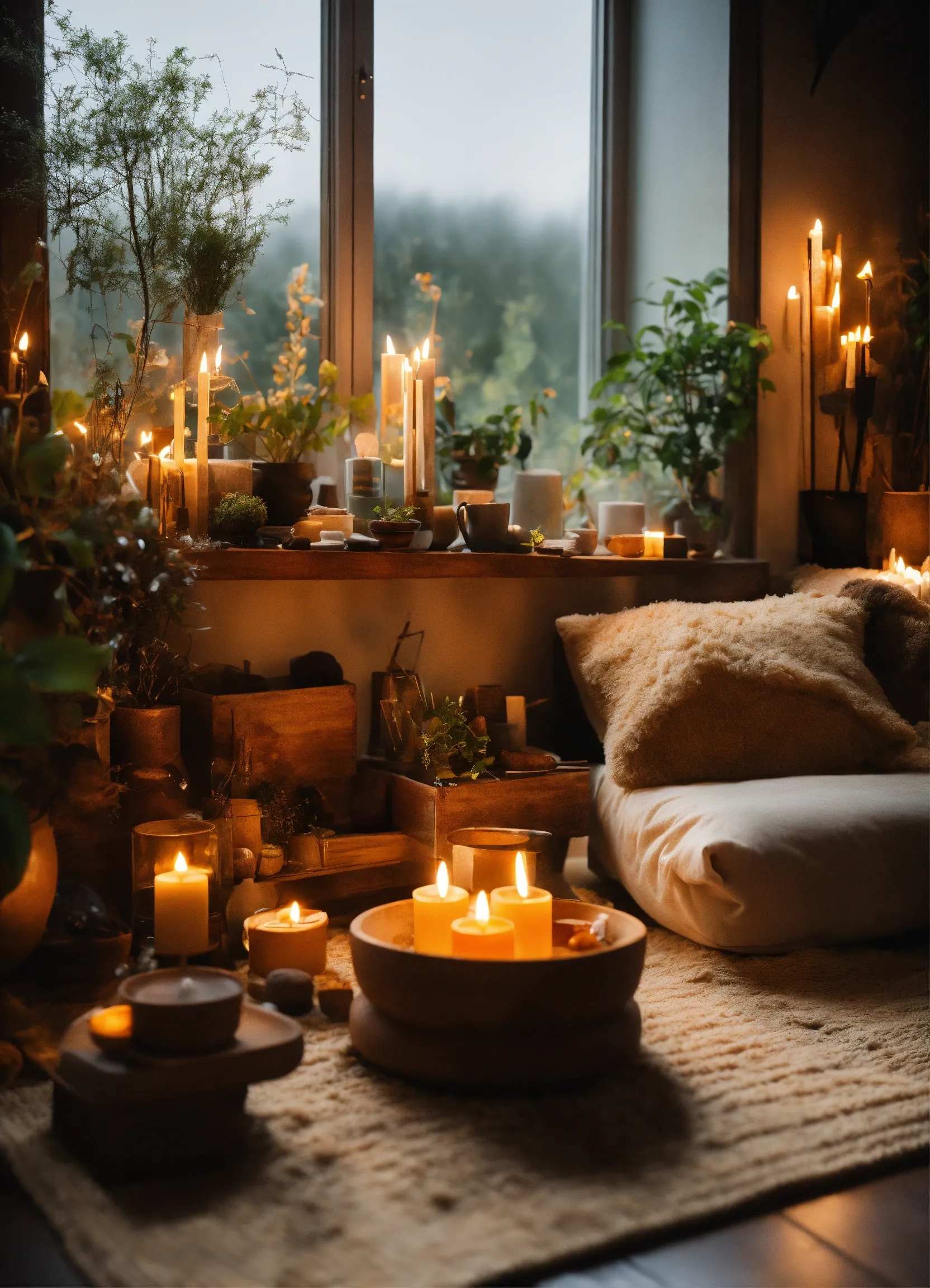 Candles, essential oils, and soft lighting in a wellness corner